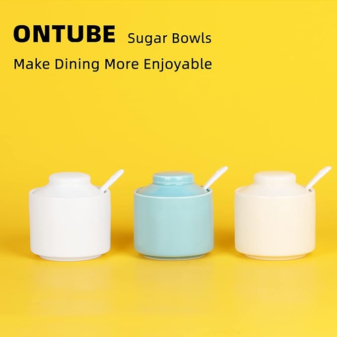 ONTUBE Ceramic Sugar Bowl with Lid and Spoon,Porcelain Seasoning Box Salt Bowl,8oz (Turquoise Blue)