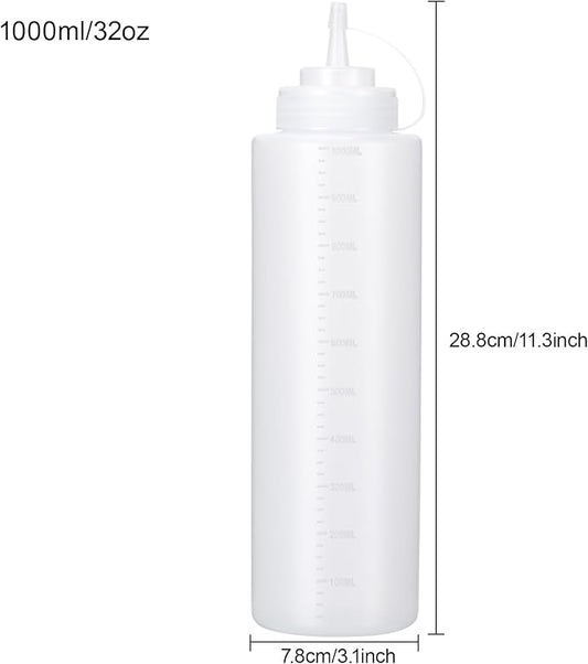 Katfort Condiment Squeeze Bottles Ketchup Dispenser, 6 Pack 32oz Squeeze Bottles for Liquids, Plastic Sauce Bottle with Cap Lid, Squirt Bottles for Sauces Liquids BBQ Dressing Pancake Art