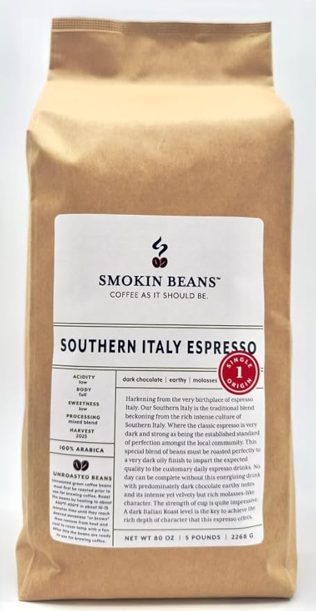 5-Pound Southern Italy Espresso, Unroasted Green Coffee Beans, Fresh Current Crop Specialty Grade, Roast the Beans Yourself at Home on Your Roasting Equipment Prior to Using for Brewing Coffee