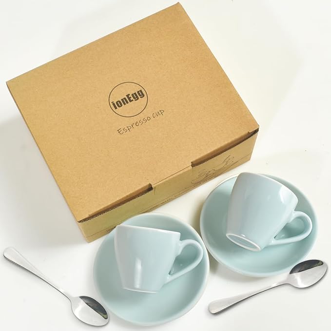 ionEgg Porcelain Espresso Cup with Saucer And Stainless Steel mini Spoons, Espresso shot Cup, 80ml/2.7Oz, Pack of 2, Blue