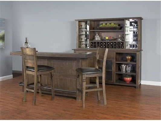Pemberly Row Set of 3 Wood Bar Unit and 2 Ladderback Barstool in Dark Brown