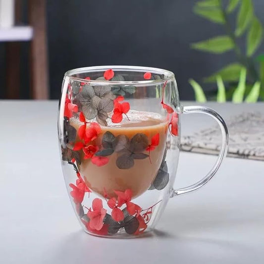 Double Glass Flower Tea Cup, Aesthetic Preserved Flower Cup, Cute Insulated Tea Cup with Handle, Heat Resistant & Lead-free Coffee Mugs, Gifts for Birthday Mother's Day, Perfect for Women Wife Mom (B)