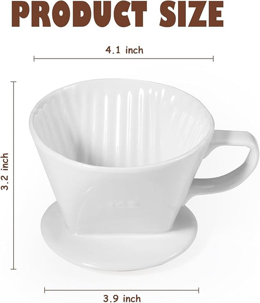Pour Over Coffee Dripper, Ceramic Pour Over Coffee Maker with 3 Holes Flat Bottom, Easy Manual Brew Maker, Porcelain Slow Filter Cone for Travel, Camping, Office, Home, White