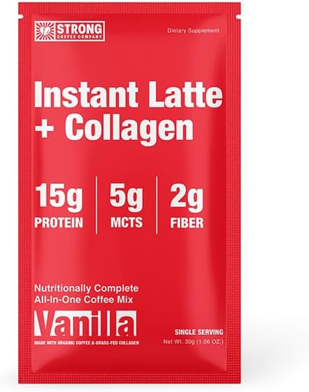 Strong Coffee Co. Vanilla Instant Latte Travel Pack | Organic Coffee with 15g Collagen Protein | Lion’s Mane & L-Theanine | Nootropic Instant Coffee | Instant Coffee Packets (7 Servings)