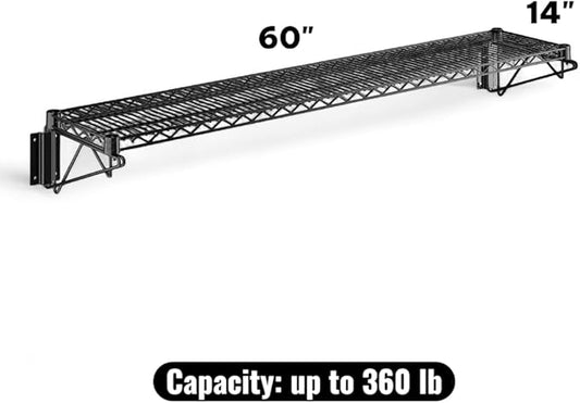 14" x 60" Black Wall-Mounted Wire Shelf with Epoxy Coating, Heavy-Duty Steel Storage Rack, NSF Certified, Easy Installation, Open Wire Design for Kitchen, Garage, or Utility Storage