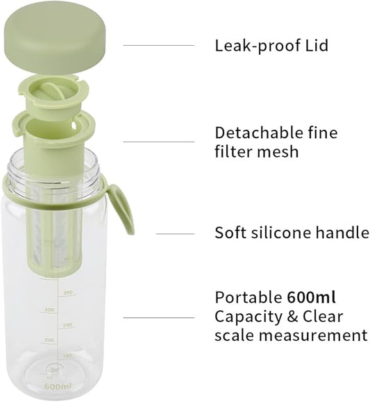 watchget Cold Brew Coffee Maker Travel Tumbler with Soft Silicone Handle Portable Iced Coffee & Tea Infuser with Airtight Lid Cold Brew Travel Cup 20oz/600ml Green