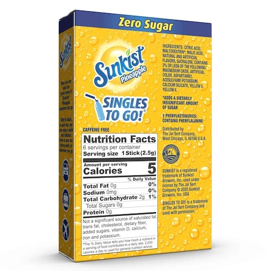 SINGLES TO GO Sunkist Singles To Go Drink Mix Pineapple, 3 Boxes with 6 Packets Each -18Total Servings, 0.53 Ounce