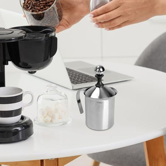 13.5Oz Stainless Steel Milk Frother with Double Mesh Design, Handheld Manual Milk Creamer Pitcher for Perfect Lattes, Cappuccinos, and Home Coffee Shop Use