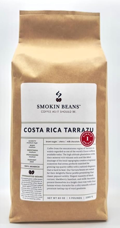 5-Pound Costa Rica Tarrazu, Unroasted Green Arabica Coffee Beans, Fresh Current Crop Specialty Grade, Roast the Beans Yourself at Home on Your Roasting Equipment Prior to Using for Brewing Coffee