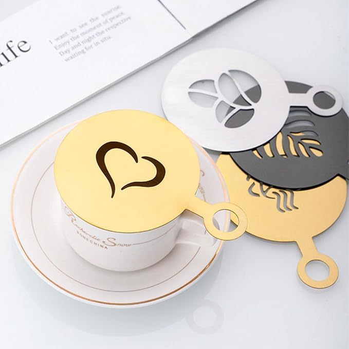 DONGKER Latte Art Stencils,4 PCS Stainless Steel Coffee Stencils with Various Patterns for Kitchen Store Arts Templates