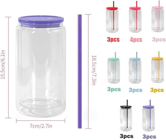Snow Globe Tumbler, 25Pack 16oz Sublimation Double Wall Glass Tumbler with Mix Color Lids and Straws, Reusable Clear Beer Can Mason Jar Mug for Snow Globe Glitter DIY