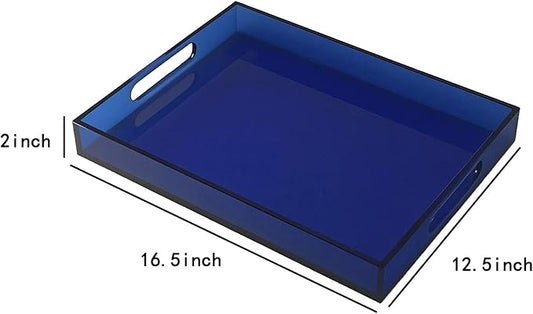 Sturdy 16" Acrylic Serving Tray with Handles - Ottoman Coffee Table Organizer for Food, Tea, Snacks, Vanity & Kitchen Countertop - Multi-Use for Bathroom, Living Room, Bar Parties (Dark Blue)