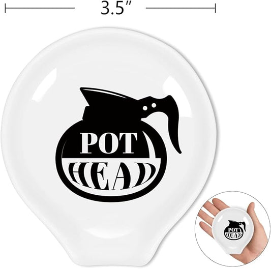 Funny Coffee Quote Black and White Ceramic Coffee Spoon Rest - Holder and Station Decor - Pot Head? Gift for Women and Men