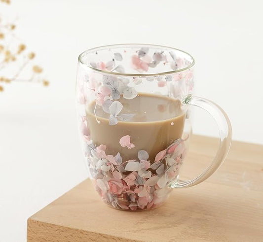 Double Glass Flower Tea Cup, Aesthetic Preserved Flower Cup, Cute Insulated Tea Cup with Handle, Heat Resistant & Lead-free Coffee Mugs, Gifts for Birthday Mother's Day, Perfect for Women Wife Mom (P)