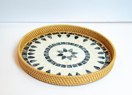 Magenta & Teal Round Rattan Serving Tray with Mother of Pearl Inlay, Wicker Coffee Table Decor, Farmhouse Style (Blue Tan Star)