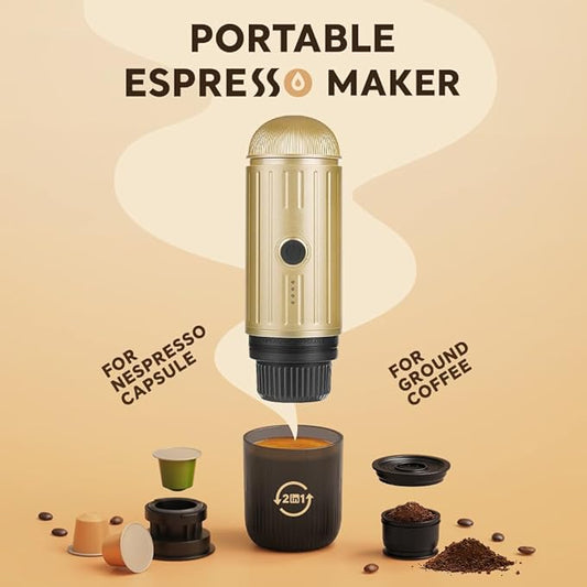 BENFUCHEN Portable Espresso Machine For Travel, USB-C Charging, Self-Heating Electric Espresso Maker, 19 Bar Mini Coffee Maker On the Go For Camping/Hiking, Ground Coffee & NESPRESSOpods (Light Gold)