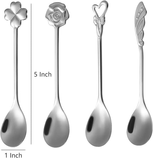 Stainless Steel Coffee Dessert Spoon, Cute Demitasse Spoon for Stirring, Creative Flower Sugar Spoon, 4 Pieces