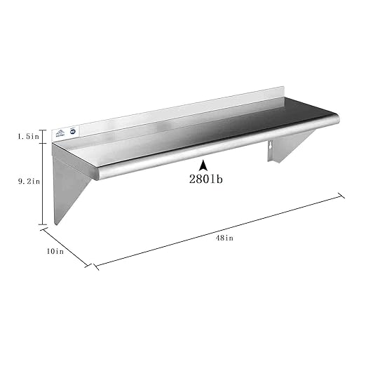 ROCKPOINT Stainless Steel Shelf 10 x 48 Inches 280lb, 2 Pack NSF Metal Commercial Shelves Wall Mount Floating Shelving with Backsplash for Restaurant, Kitchen, Home and Hotel, Silver