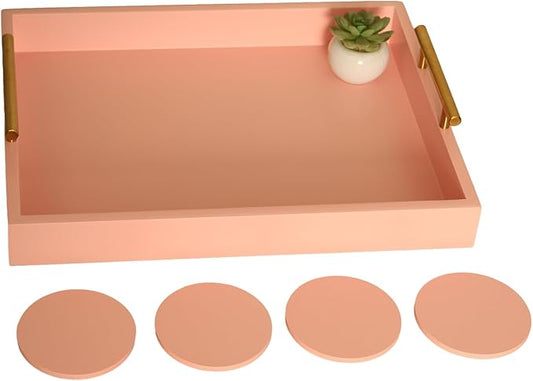 Serving Tray 16.5“X 13“Deluxe Wooden Ottoman Tray for Coffee Table with Polished Gold Metal Handles and 4 Coasters, Living Room Bathroom Coffee Bar Organizer Modern Decorative Pink Tray