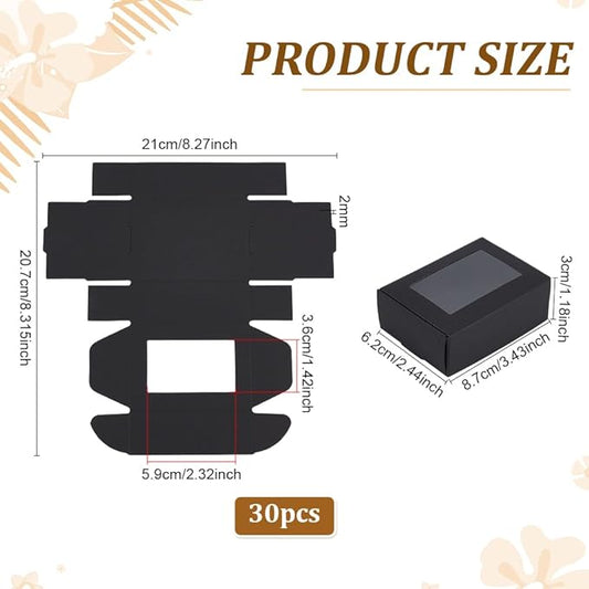 BENECREAT 30 Packs 3.4x2.4x1.1 Inches Rectangle Black Kraft Paper Boxes with Clear Windows for Party Favor Treats, Bakery, Jewelry, Christmas, Festival Gift Packaging