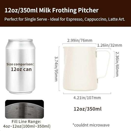 watchget Stainless Steel Milk Frothing Pitcher 12oz/350ml - Espresso Steaming Pitcher for Cappuccino, Latte Art, Coffee Machine Accessories Milk Jug Coffee Frother Cup, Creamy White