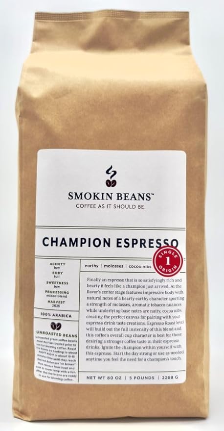 5-Pound Champion Espresso, Unroasted Green Coffee Beans, Fresh Current Crop Specialty Grade, Roast the Beans Yourself at Home on Your Roasting Equipment Prior to Using for Brewing Coffee