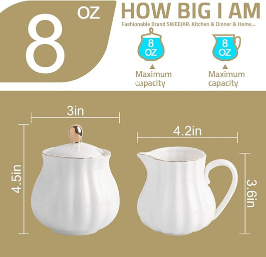 Sweejar Royal Ceramic Sugar and Creamer Set, 3 Piece Set with Cream Pitcher, Sugar Bowl, Sugar Set with Lid & Spoon, Coffee Serving Set Wedding Gift(White)