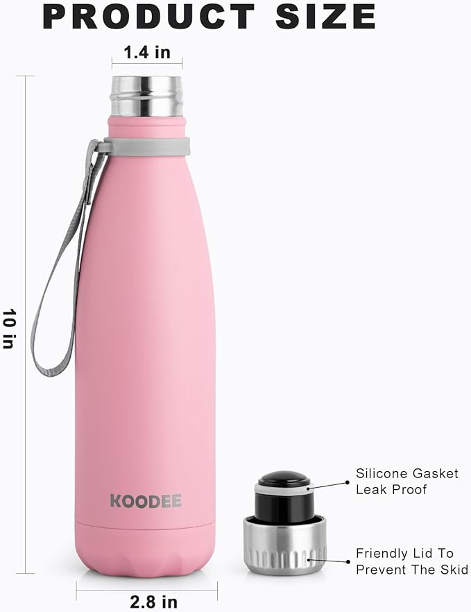 koodee 17oz Stainless Steel Water Bottle, Double Wall Vacuum Insulated Sports Bottle, BPA Free (Pink)