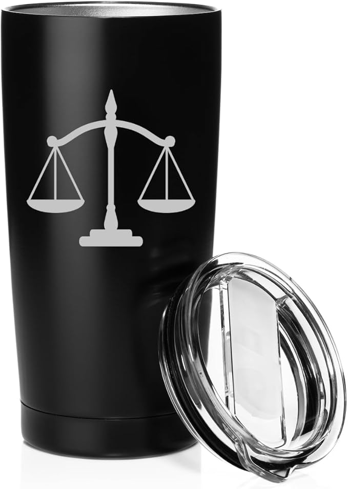 Smooth Body Tumbler Stainless Steel Vacuum Insulated Travel Mug Cup Gift Scales of Justice Lawyer Paralegal Judge (Black, 20 oz)