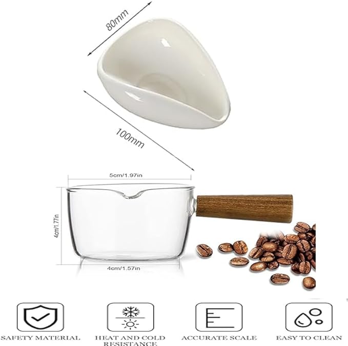HSHQING White Coffee Bean Dosing Cup - 100ML Mini Espresso Cup with Wooden Handles, Thickened Glass, Ceramic Dosing Vessel, Coffee Bar Accessories
