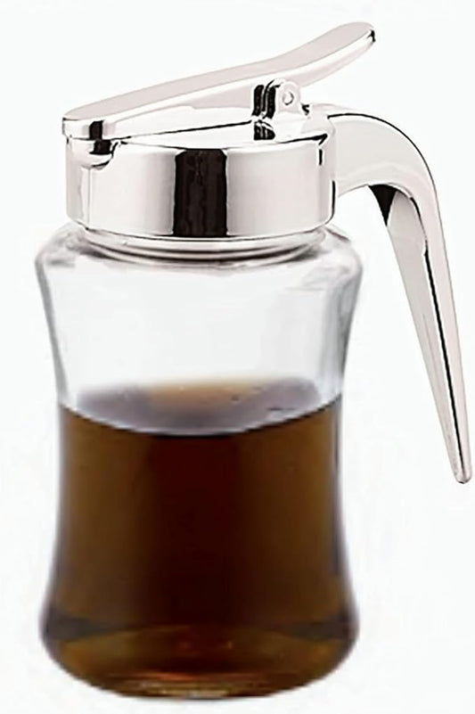 J&M DESIGN 2-Pack Glass Syrup Dispenser Bottle for Maple Syrup, Honey Pot or Sugar Jar W/Handle Shaker For Pancakes, Coffee, Cereal Bowl, Tea Pour Spout Lid Easy Spoon Measure 7.5oz Container Holder