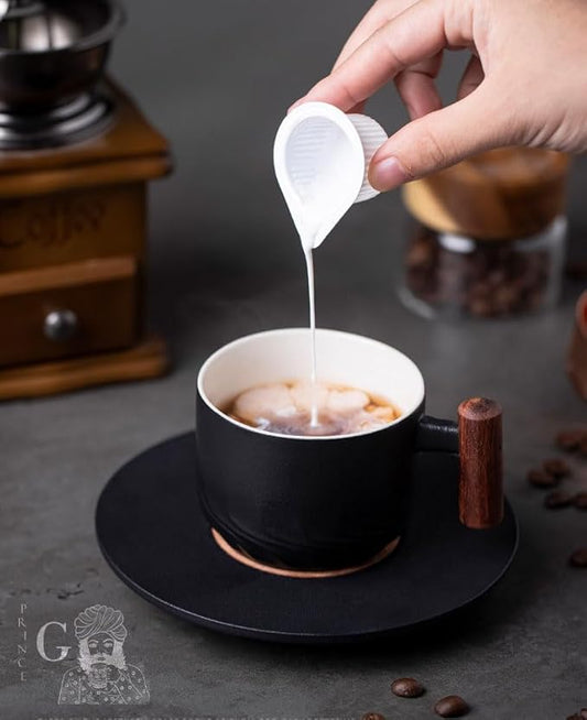PRINCE G Japanese Style Ceramic Mug 130 ml with Matching Saucer – Handmade Minimalist Espresso, Coffee, Tea & Matcha Cup, Ideal Gift Set with Handgrip (BLACK)