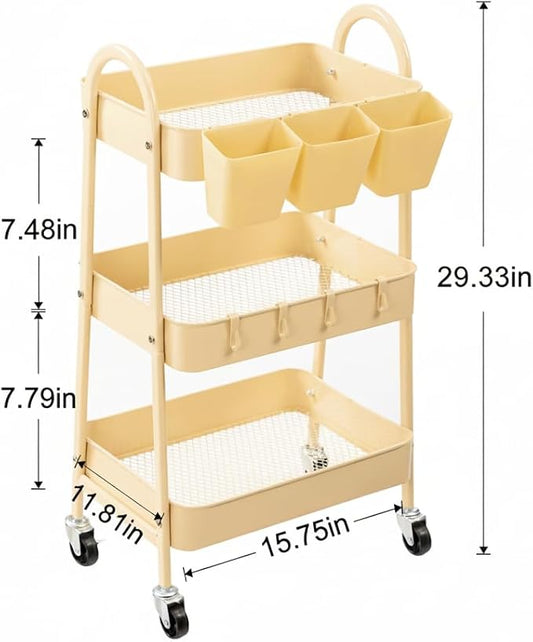 danpinera 3-Tier Rolling Cart, Utility Cart Mobile Metal Rolling Storage Cart with Lockable Wheels & Hanging Cups & Hooks for Kitchen, Bathroom, Office, Workshop, Yellow