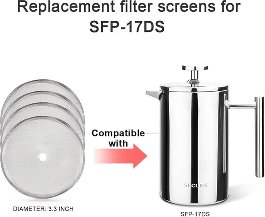 Secura French Press Replacement Screens, Stainless Steel Reusable Mesh Filter for 17 Ounce and 12 Ounce Coffee Press, 4 Pack