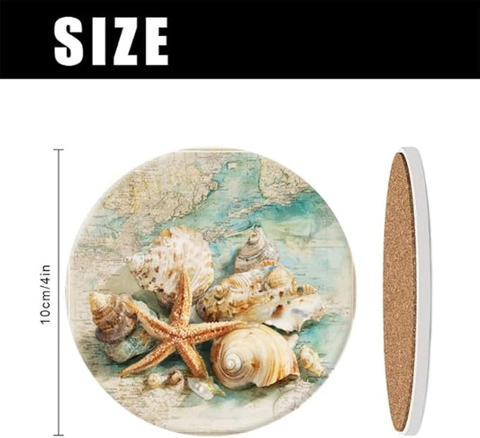 Ocean Coasters Set of 6,Absorbent Drink Coasters Cork Base Non-Slip Coasters,Marine Animal Coastal Beach Decor Coasters,for Apartment Kitchen Bar Decor,for Dining Tables Coffee Table,4in