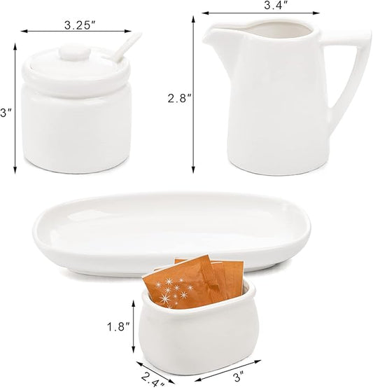 ZENFUN Set of 4 Porcelain Creamer and Sugar Set with Saucer, Sugar Bowl with Lid and Spoon, Cream Pitcher, Sweetener Holder, Coffee Serving Set for Kitchen Home Cafe Christmas Party, Restaurant