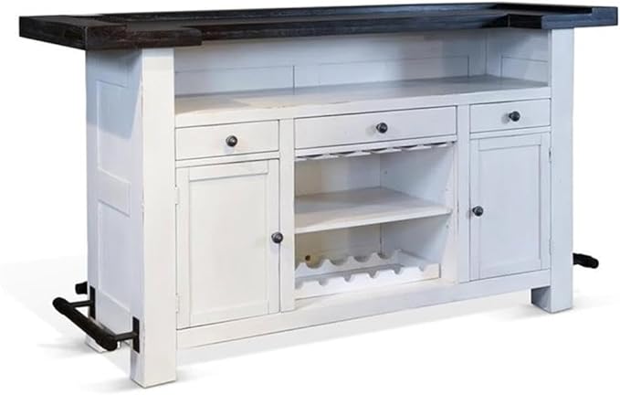 Pemberly Row 78" Farmhouse Wood Bar Unit with Foot Rail, Adjustable Shelves, Removable Wine Rack, Stemware Storage, in Espresso Finish
