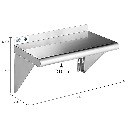 ROCKPOINT Stainless Steel Shelf 10 x 24 Inches 210lb, 2 Pack NSF Metal Commercial Shelves Wall Mount Floating Shelving with Backsplash for Restaurant, Kitchen, Home and Hotel, Silver
