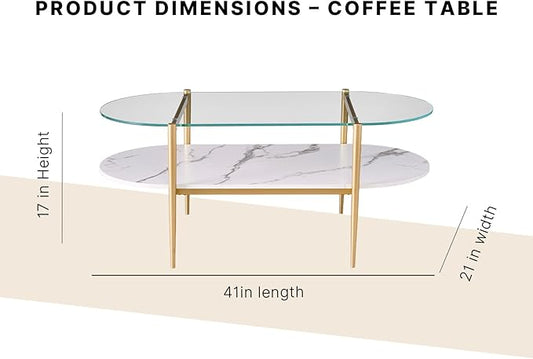 Shrine Oval Coffee Table, Mid-Century Modern Design, 2-Tier Structure, Clear Glass Top and White MDF Shelf, 47" D x 21" W x 17" H, Sleek Conical Metal Legs with Gold Finish
