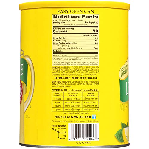 4C Powdered Drink Mix Cannisters, Lemonade, 28 Quarts, Family Sized Cannister, Thirst Quenching & Refreshing Flavors (Lemonade, 3.62 Pound (Pack of 3))