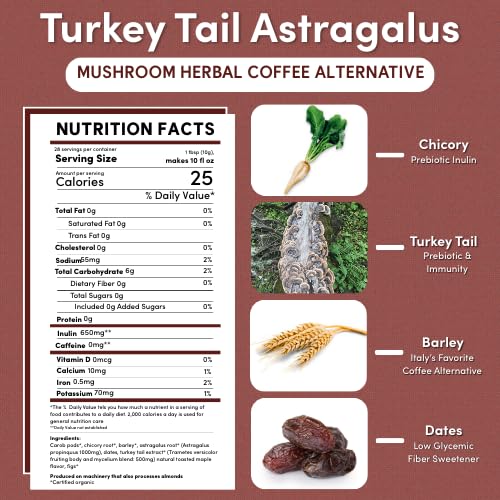 Teeccino Turkey Tail Astragalus Coffee Alternative - Toasted Maple - Adaptogenic Herbal Mushroom Coffee, Medium Roast, Caffeine Free, Prebiotic, Acid Free, All-Purpose Grind - 10 Oz, Pack of 3