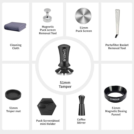 51mm Espresso Accessories Kit, Spring Loaded Calibrated Tamper,mat,WDT Tool,Dosing Funnel,Puck Screen kit,Basket Removal Tool ,Cleaning ClothSet, Fits Espresso Coffee Machines and 51 mm Portafilters