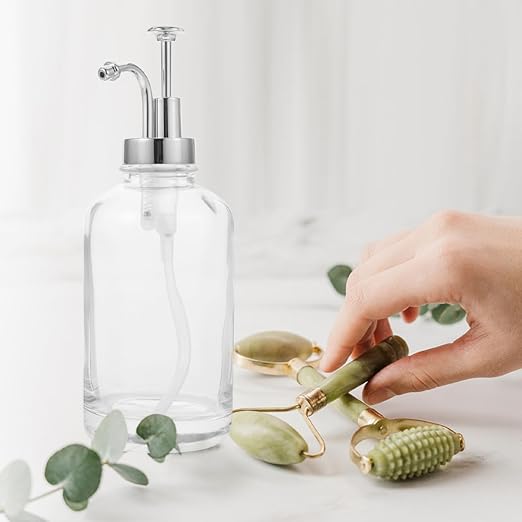 MUSISALY 2pcs Glass Syrup Pump Dispenser Bottles with Silver Pump Glass Coffee Syrup Pourer for Kitchen and Coffee Bar Multipurpose Condiment Dispensers Jam Honey