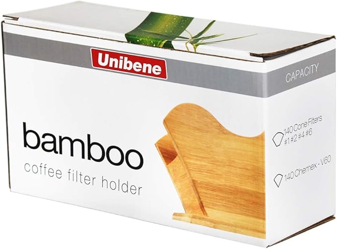 Unibene Bamboo Coffee Filter Holder, Renewable Stand Container Dispenser Rack Shelf for Square Cone-shaped and Flat-bottomed Pour Over Paper Filters