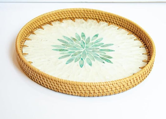 Magenta & Teal Round Rattan Serving Tray with Mother of Pearl Inlay, Wicker Coffee Table Decor, Farmhouse Style (Silver Green Flower)
