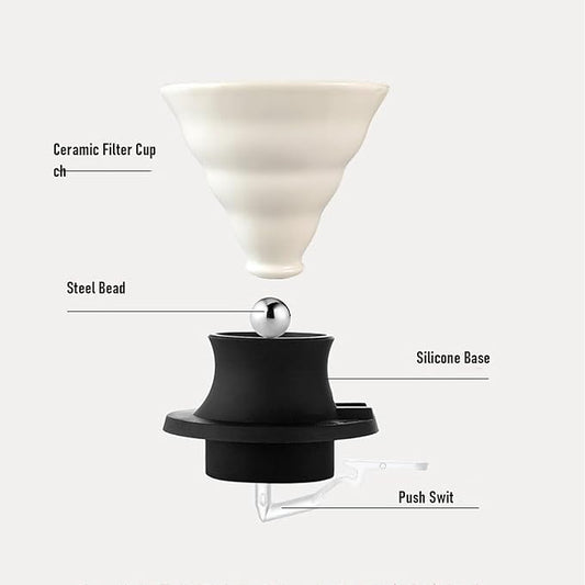 Premium Ceramic Pour Over Coffee Dripper - Heat Immersion Cone Brewer with Filter Holder for Home, Office & Travel Use, Ideal Coffee Maker for Daily Brewing (White Black)