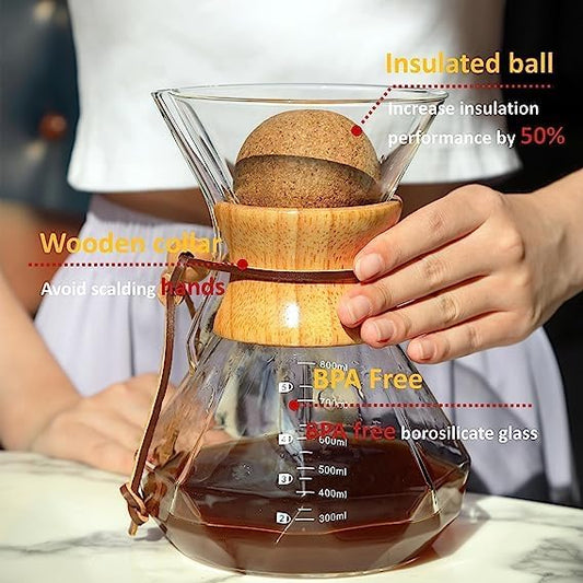 Pour Over Coffee Maker With Wood Sleeve,20oz/600mlPour Over Coffee Dripper,Pour Over Coffee Maker Set With Cork Stopper (20oz/600ml)