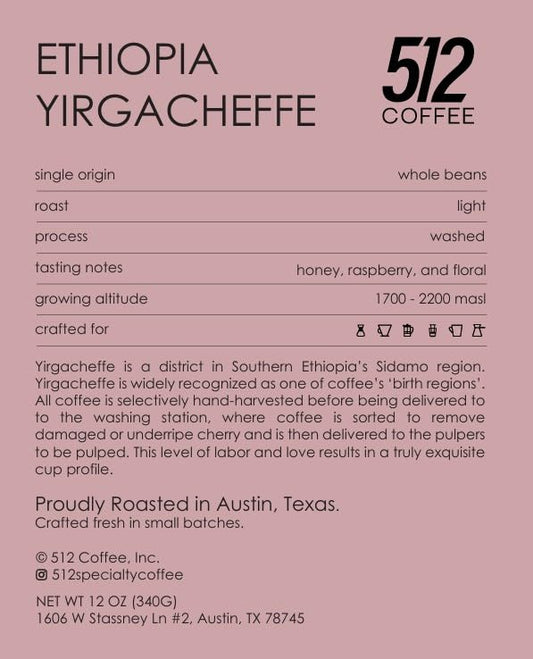512 Coffee Ethiopia Yirgacheffe Light Roast Whole Bean – Single Origin Specialty Coffee with Tasting Notes of Raspberry, Honey & Floral – Fresh Roasted for Filter Brewing