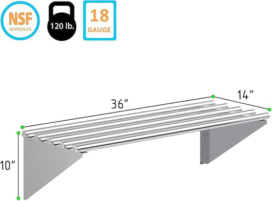 Premium Stainless Steel Tubular Wall Shelf – 14" D x 36" L | NSF Certified | Equipment & Appliance Shelf for Kitchen, Restaurant, Garage, Utility Room