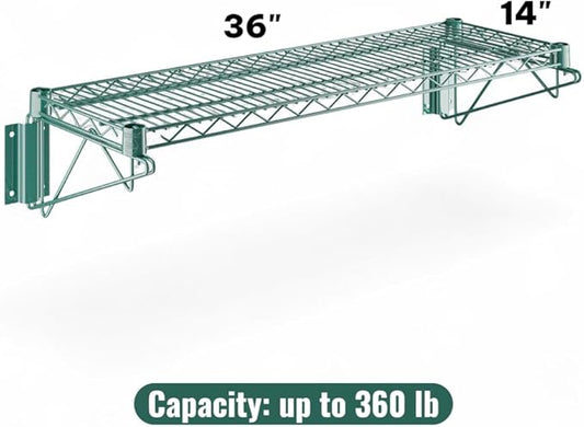 14" x 36" Green Wall-Mounted Wire Shelf with Epoxy Coating, Heavy-Duty Steel Storage Rack, NSF Certified, Easy Installation, Open Wire Design for Kitchen, Garage, or Utility Storage